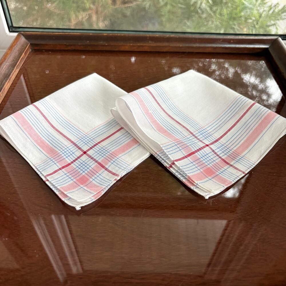 Vintage Plaid Cotton Handkerchief Set Pink Blue 11x11